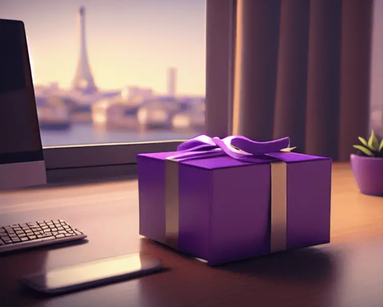 gift box sitting on desk of remote worker in Paris