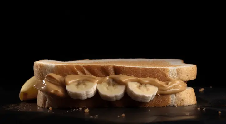 peanut butter and banana sandwich with banana in background