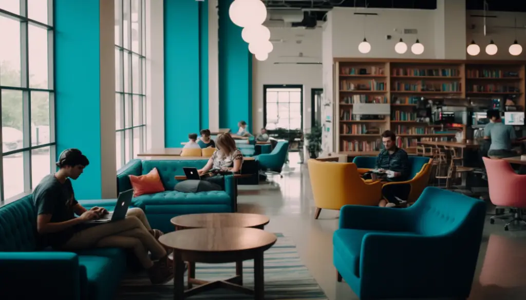 remote workers reading from a library in a coworking space