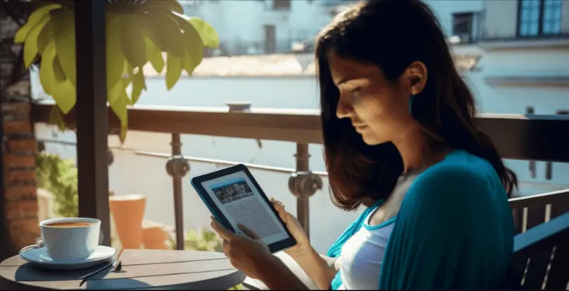 woman reading an e-reader on a terrace at a patio