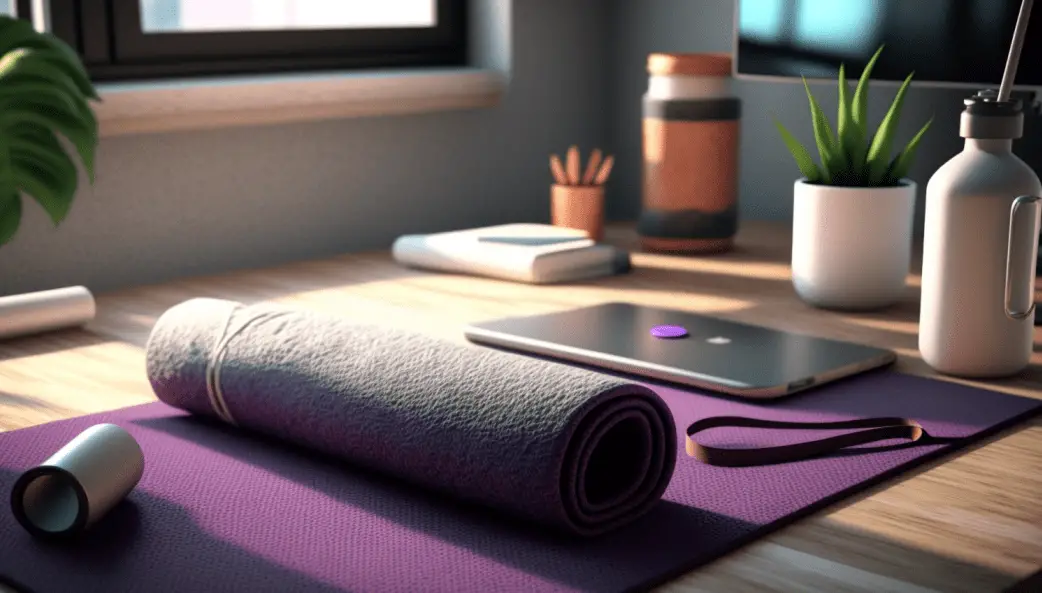 yoga-mat-and-towel-with-laptop-in-background
