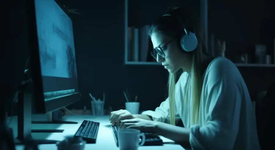 Woman working on her computer at night with a cup of coffee