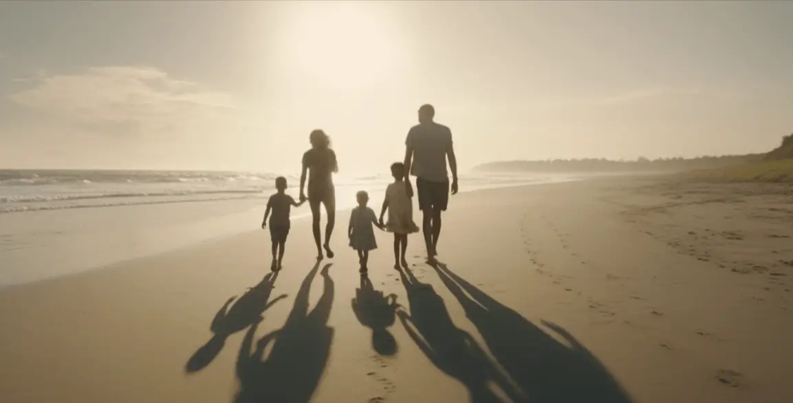 digital nomad family walking on a beach in the afternoon