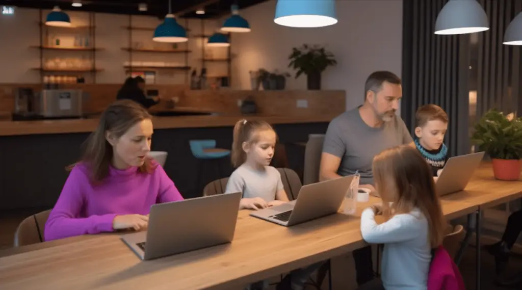 digital nomad family working on their computers at a coworking space