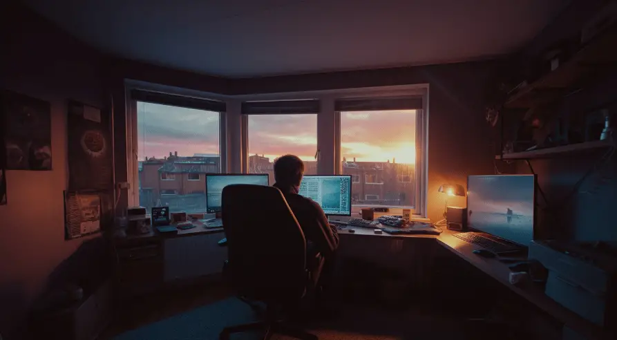 man working from home office as the sun rises at dawn
