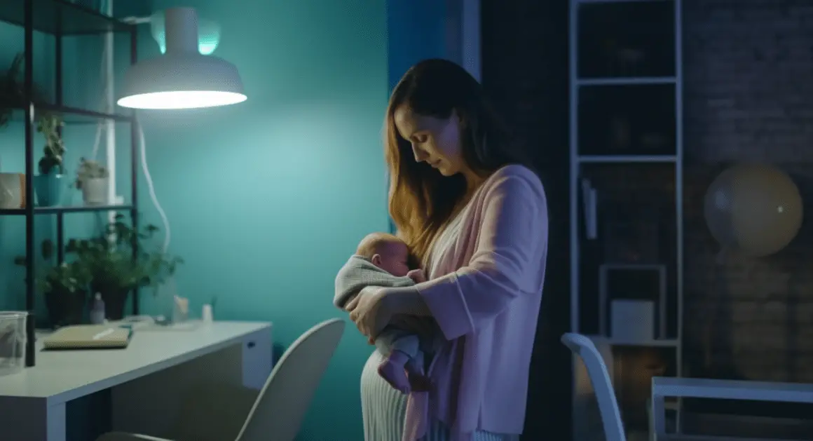 new mother holding her newborn in her home office