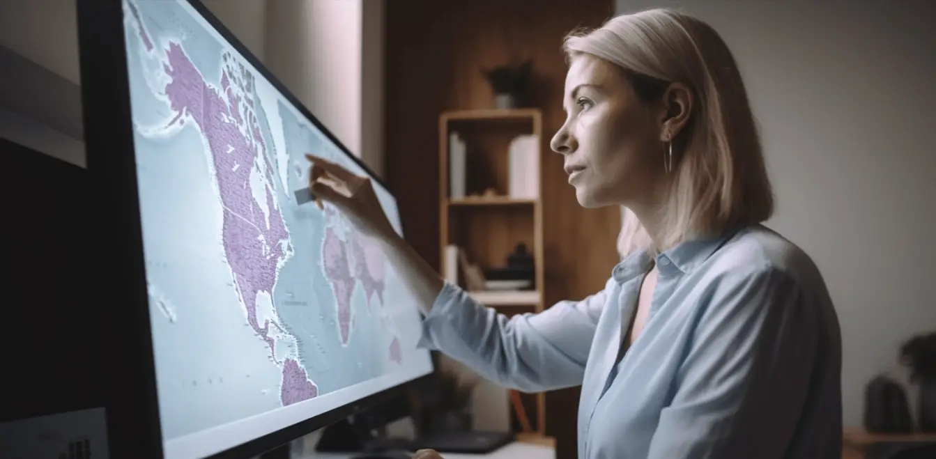 woman looking at map on her desktop screen in her home office