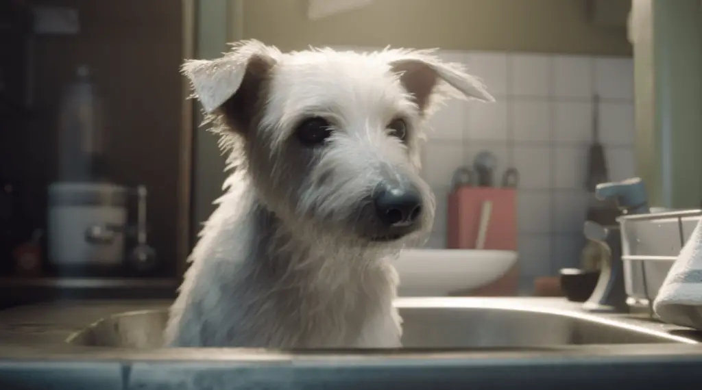 dog taking a bath in sink