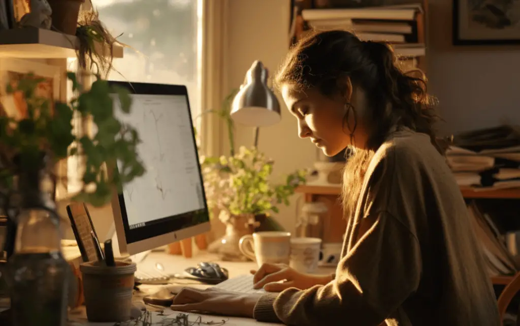 experienced female freelancer working on her desktop in her den