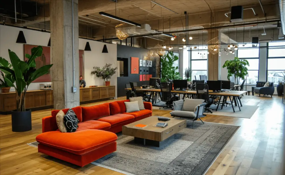 A communal workspace where the employees hot desk