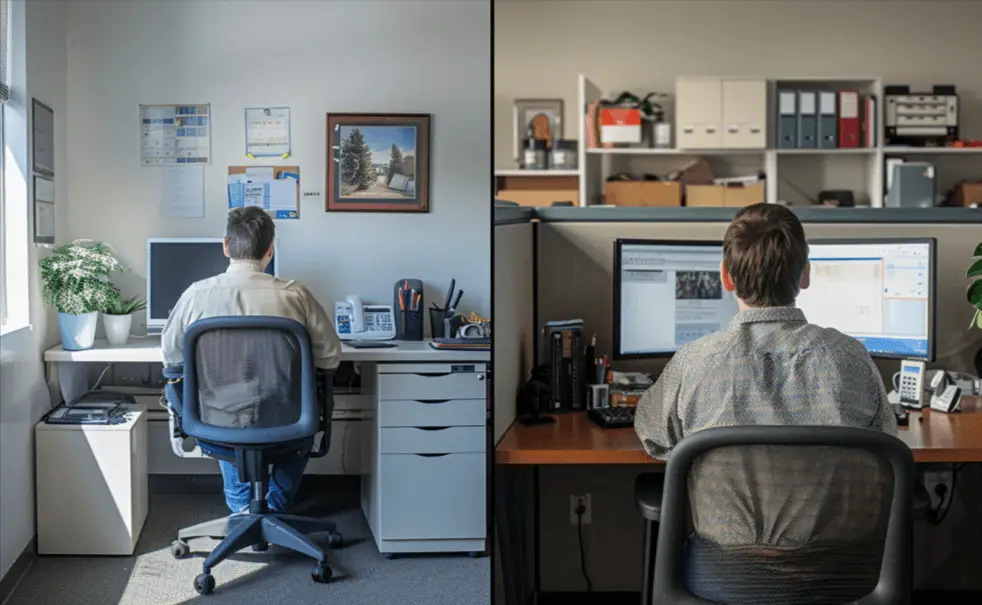 A panel showing an employee working from home on the left and an employee working from an office cubicle on the right