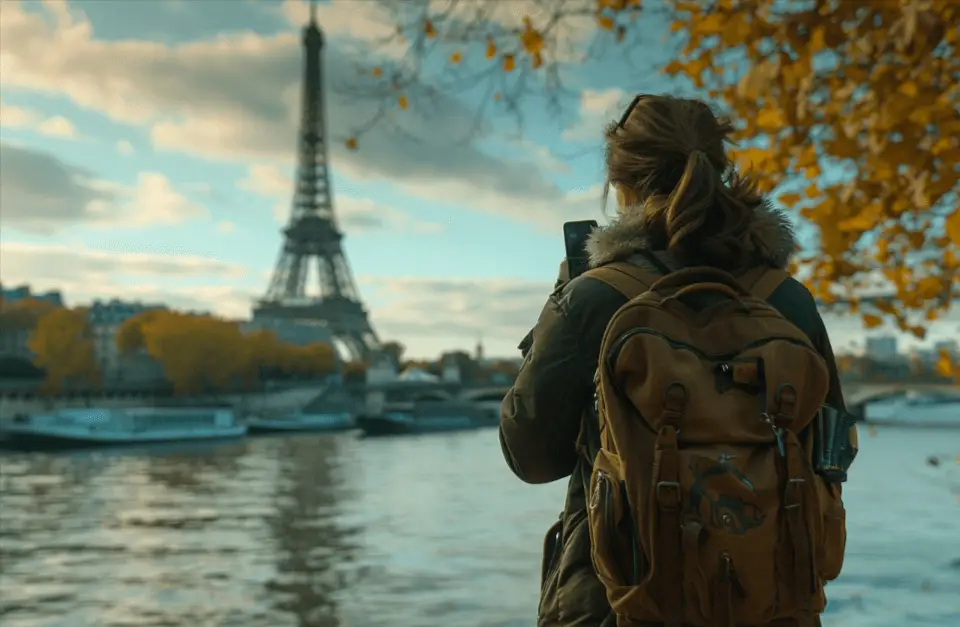 digital nomad walking along the Seine river on her phone